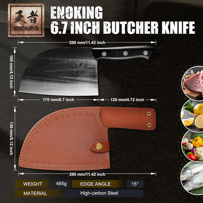 ENOKING 6.7" Serbian Chef Knife, Full Tang Vegetable Meat Cleaver for Kitchen, High-Carbon Stainless Steel Blade with Wooden Handle, Multipurpose Chopper Knife with Sheath & Gift Box