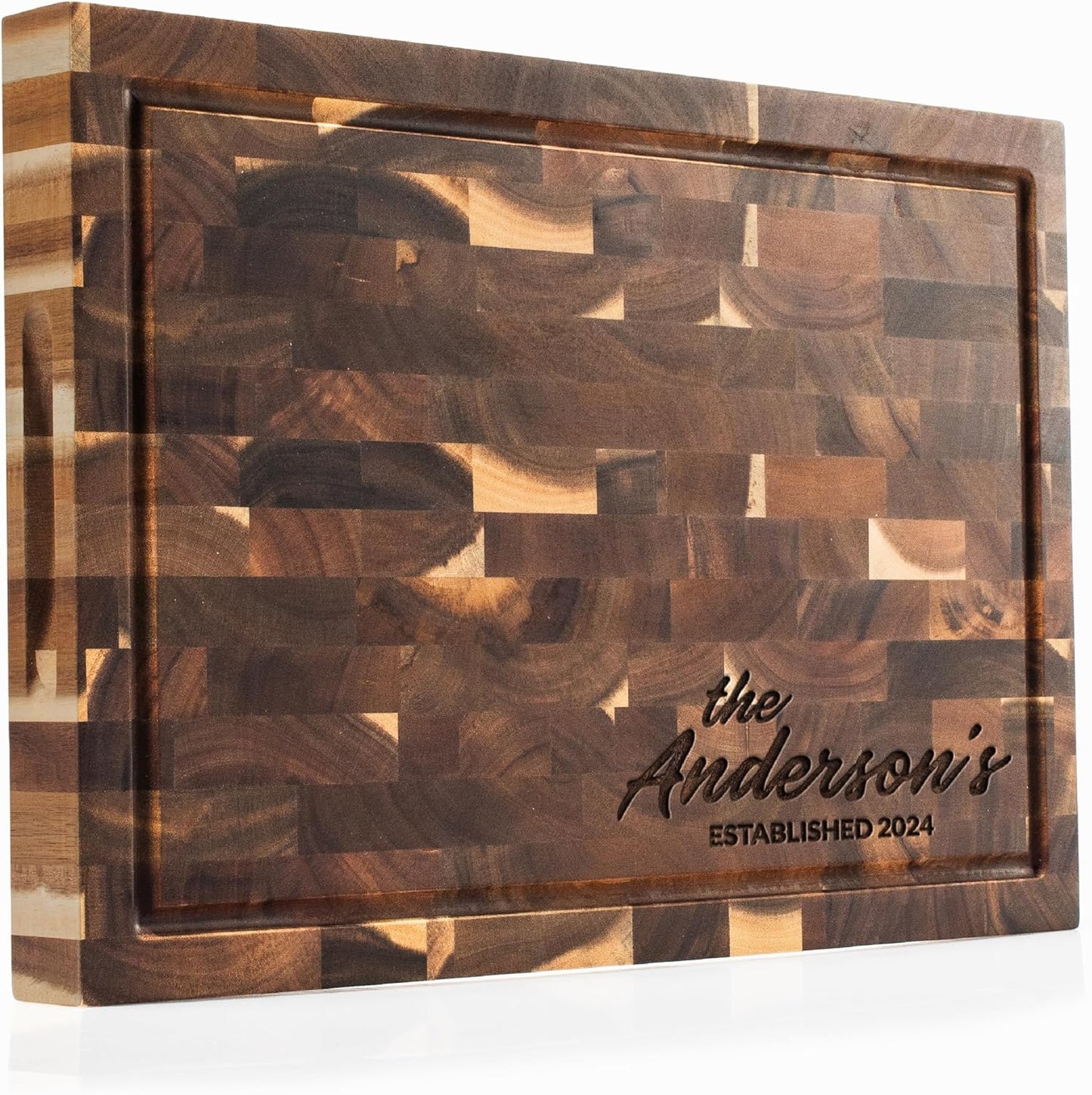 Personalized End Grain Acacia Wood Cutting Board - Custom Engraved Butcher Block with Name & Date - Deep Juice Groove, 2 Size Options - Housewarming, Wedding, Chef Gift