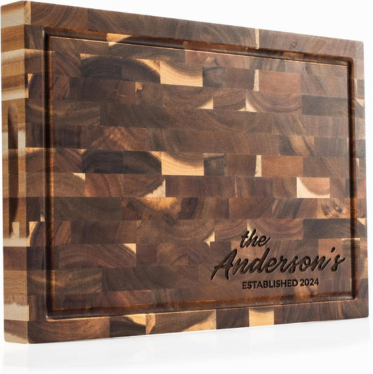 Personalized End Grain Acacia Wood Cutting Board - Custom Engraved Butcher Block with Name & Date - Deep Juice Groove, 2 Size Options - Housewarming, Wedding, Chef Gift