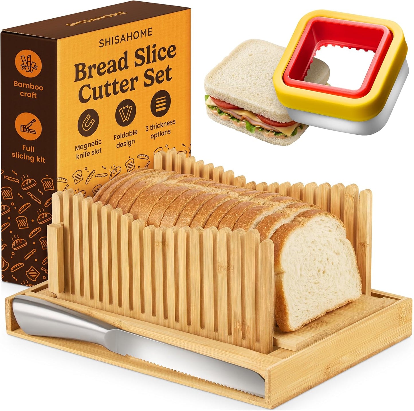 Bread Slicer Guide for Homemade Bread 3-In-1 Set: Sourdough Rounds Slicer, Baguette Cutter & Sandwich Sealer | Bread Loaf Slicing, Adjustable Bamboo Bread Cutter With Knife & Magnetic Slot