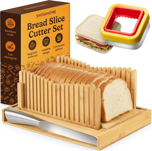 Bread Slicer Guide for Homemade Bread 3-In-1 Set: Sourdough Rounds Slicer, Baguette Cutter & Sandwich Sealer | Bread Loaf Slicing, Adjustable Bamboo Bread Cutter With Knife & Magnetic Slot