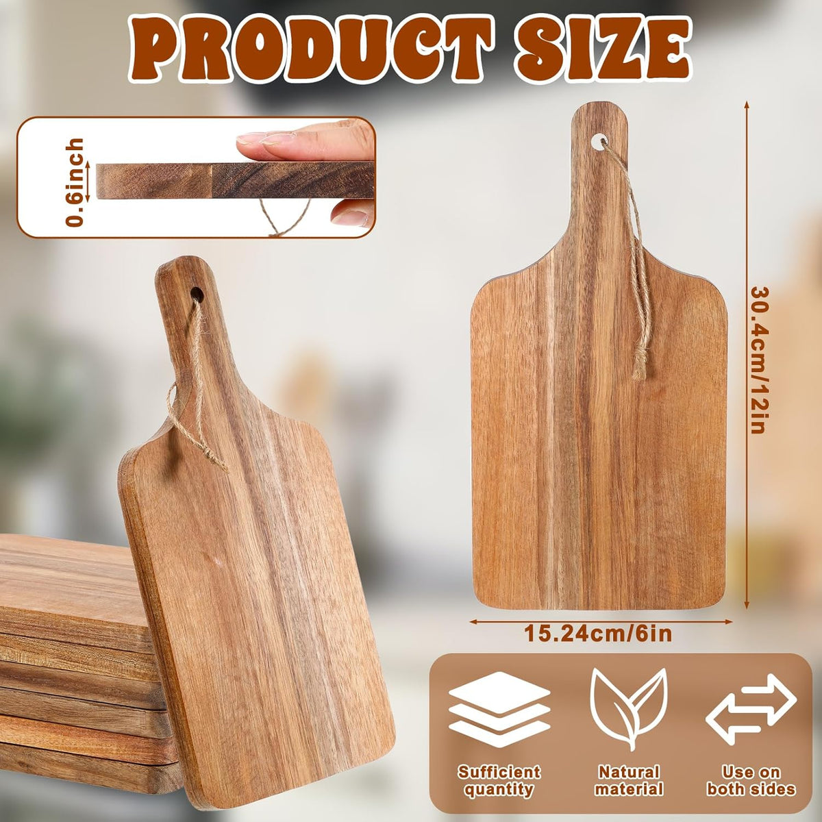 6 Pack Acacia Wood Cutting Board with Handle, Cheese Boards Charcuterie Boards, 12” x 6” Wooden Cutting Boards for Kitchen, Hanging Cutting Board Decor, Bread Boards for Food, Cheese, and Meat