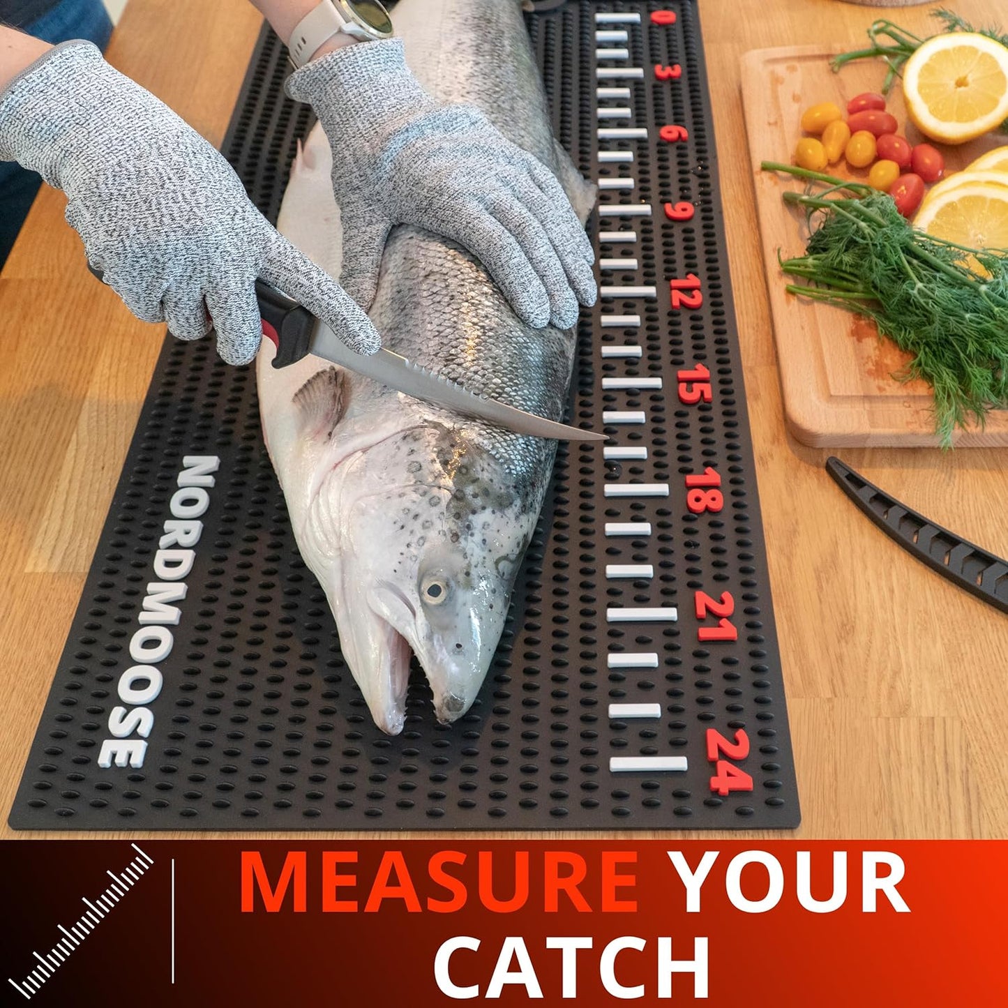 Fish Fillet Mat Kit with Fish Ruler Decal and Fillet Knife, Cutting Gloves. Large 28"x14" Nonslip Fish Cleaning Mat that Grips the Fish - Durable & Easy to Clean, Portable Fish Cutting Board
