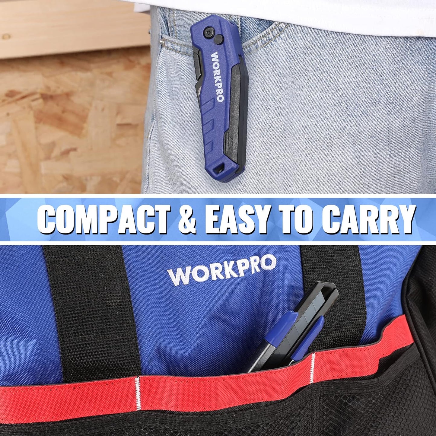 WORKPRO Utility Knife, 2-piece, Folding Box Cutter and Retractable Knife, Light Weight Aluminum Body with Quick- Change Stainless Blade Holder, Extra 20 SK5 Blades Included