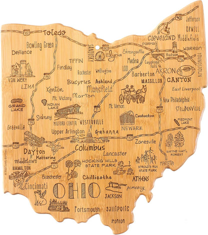 Totally Bamboo Destination Ohio Shaped Cutting Board – Bamboo Charcuterie and Serving Board with Hang Tie for Wall Display