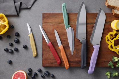 Zyliss Classic 6 Piece Knife Set, Chef Santoku Utility Paring Serrated & Peeling Knives, Stainless Steel 15° Hollow-Ground Blades, Ergonomic Wheat Straw Handles