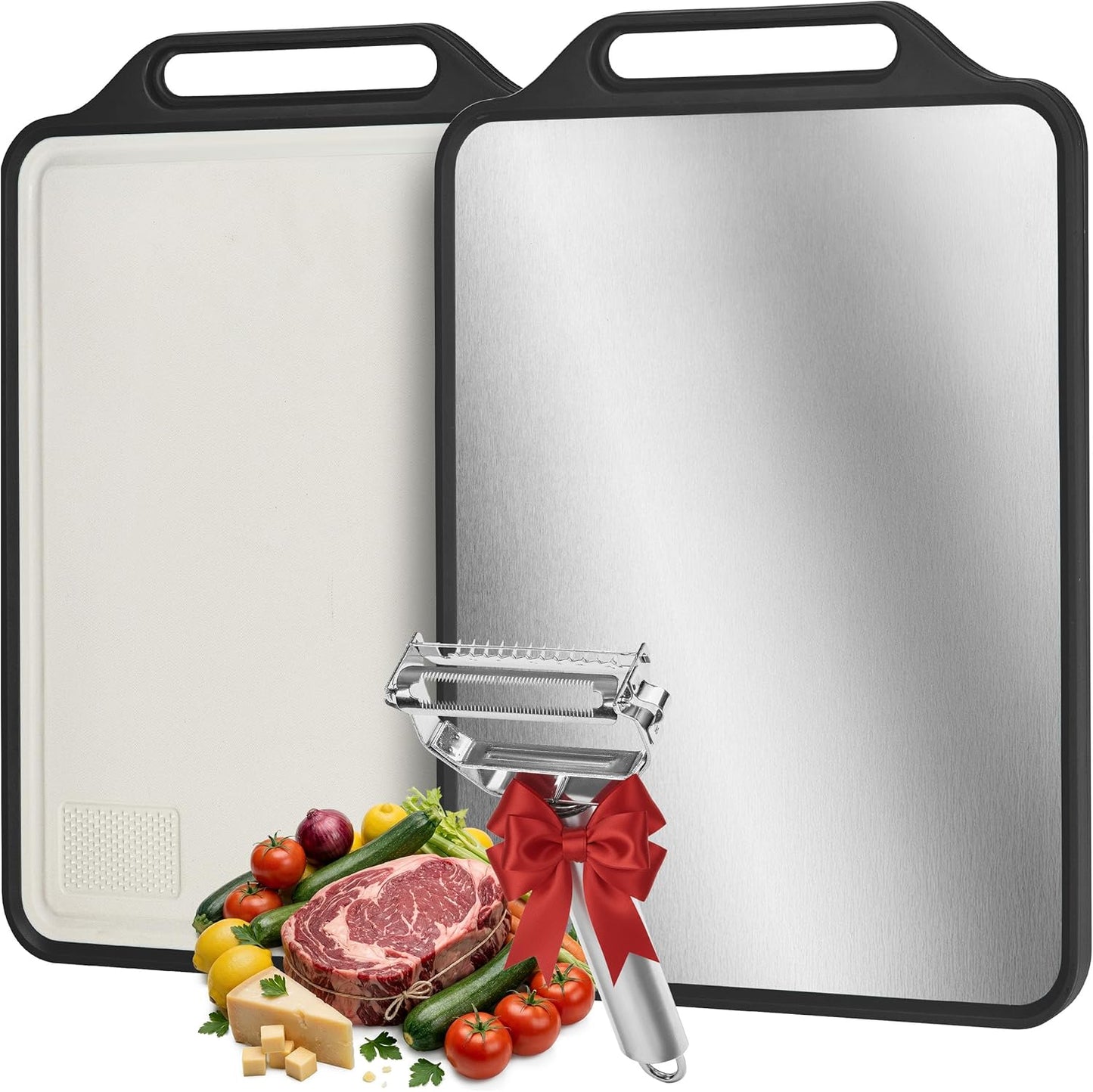 Stainless Steel Cutting Board - Non Toxic Cutting Board & Metal Cutting Board, Double-Sided Meat Cutting Board, Food-Grade PP, Juice Groove, 4-in-1 Vegetable Peeler Included, Black