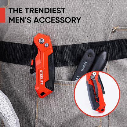 STEELITE Utility Knife Foldable, Box Cutter Heavy Duty Metal, Quick Open Botton Lock Razor Knife for Cartons, Rapes, Leather and Cardboard, Blades Storage Design with 13 Extra Blade, Red