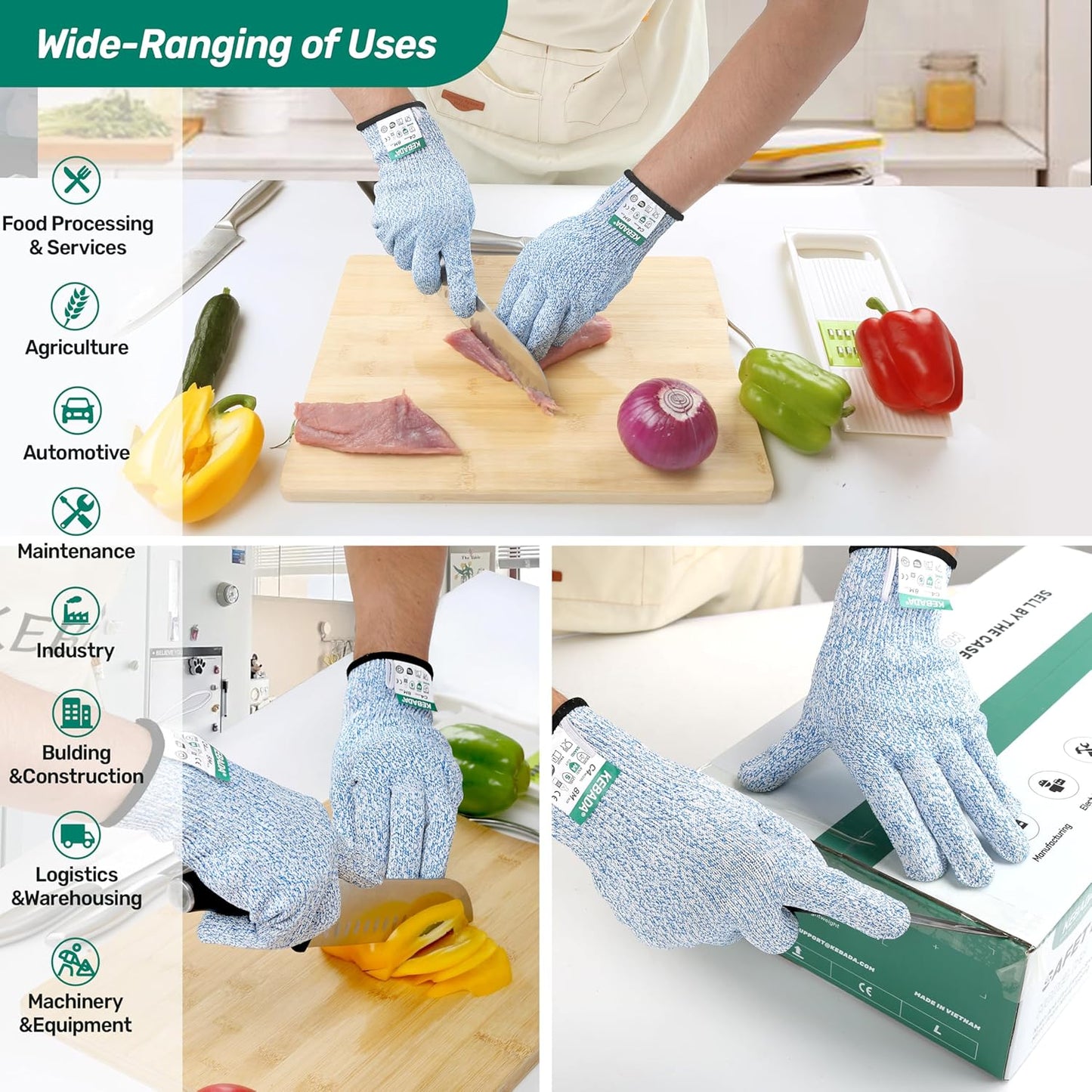 Kebada Cut Resistant Gloves, ANSI A2 Cutting Glove, PU Coated, Touchscreen, Multi-Purpose Model C2, 3 Pairs, Large