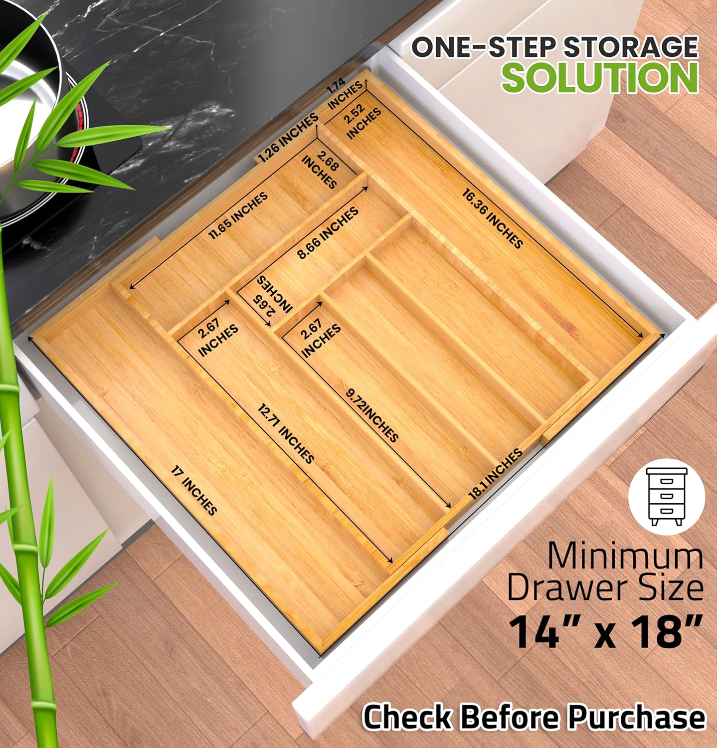Utopia Kitchen Expandable Bamboo Utensil Drawer Organizer, Silverware Organizer for Cutlery, Utensils, Flatware Holder (6-8 Slots, Mint) Pack of 1