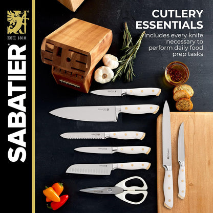 Sabatier 15-Piece Forged Triple Rivet Knife Block Set, High-Carbon Stainless Steel Kitchen Knives, Razor-Sharp Knife set with Acacia Wood Block, White Handles