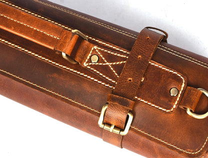 Tolredo Top Grain Buffalo Leather Chef Knife Roll Case 10 Slot and 1 Zipper Pocket for Culinary Storage Portable Bag with Detachable Shoulder Strap (Walnut, 29.5" X 20")