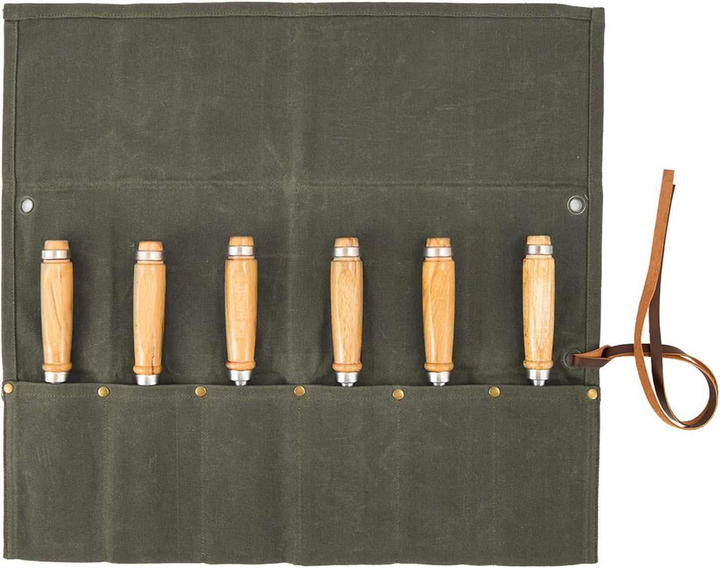 Chisel Roll,6 Pockets Roll Up Tool Pouch,Waxed Canvas Small Tool Roll Organizer and Wrench Roll Up Pouch,Store Chisel,Wrench,Pliers,Carving Knife (Army Green)