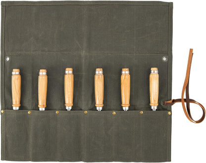 Chisel Roll,6 Pockets Roll Up Tool Pouch,Waxed Canvas Small Tool Roll Organizer and Wrench Roll Up Pouch,Store Chisel,Wrench,Pliers,Carving Knife (Army Green)