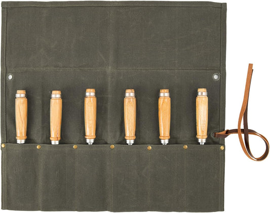 Chisel Roll,6 Pockets Roll Up Tool Pouch,Waxed Canvas Small Tool Roll Organizer and Wrench Roll Up Pouch,Store Chisel,Wrench,Pliers,Carving Knife (Army Green)