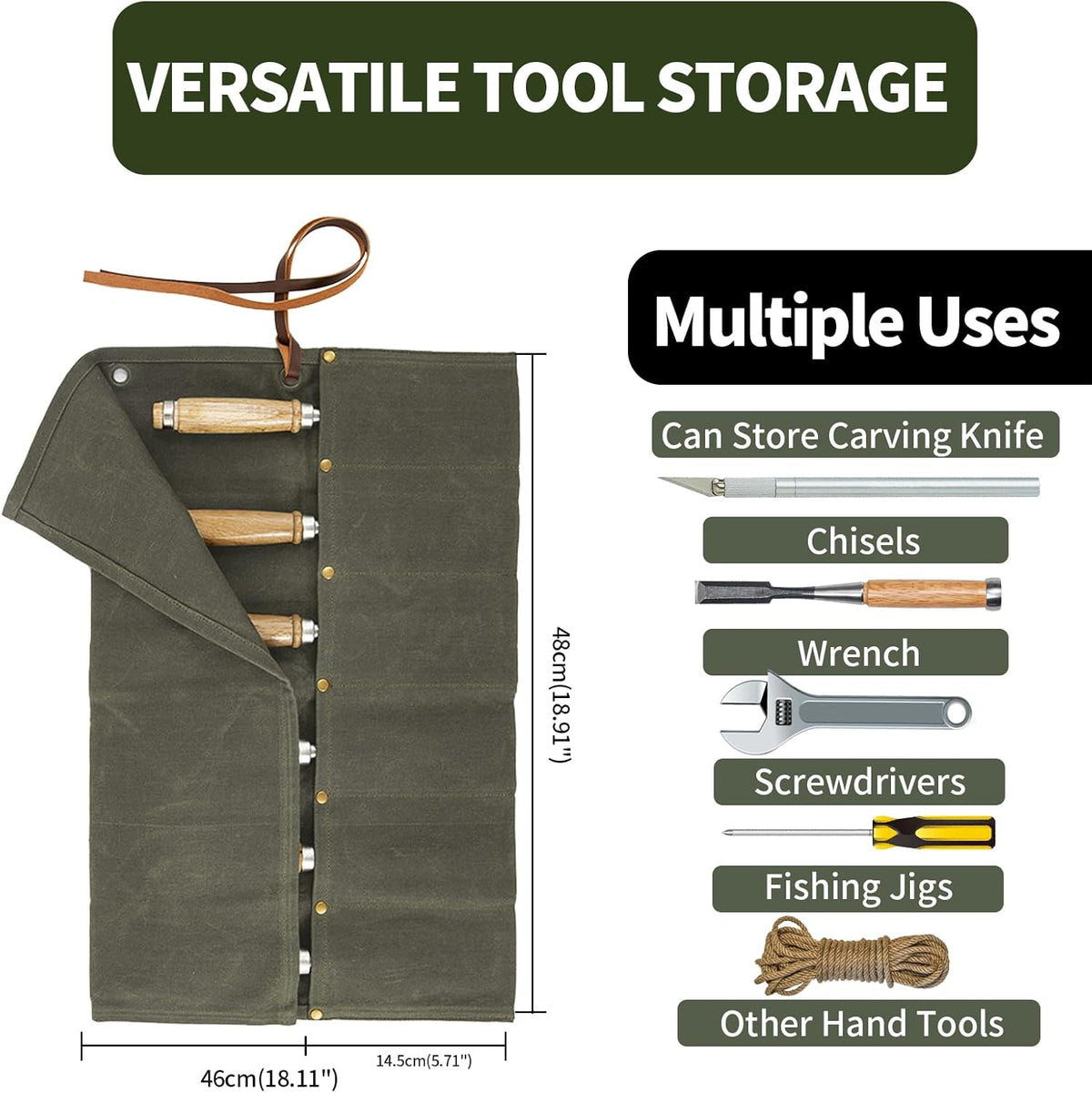 Chisel Roll,6 Pockets Roll Up Tool Pouch,Waxed Canvas Small Tool Roll Organizer and Wrench Roll Up Pouch,Store Chisel,Wrench,Pliers,Carving Knife (Army Green)