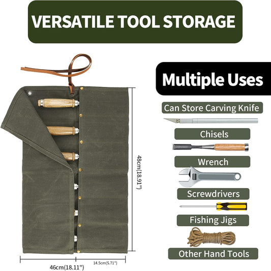 Chisel Roll,6 Pockets Roll Up Tool Pouch,Waxed Canvas Small Tool Roll Organizer and Wrench Roll Up Pouch,Store Chisel,Wrench,Pliers,Carving Knife (Army Green)