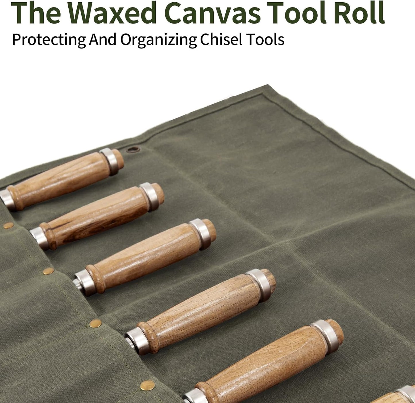 Chisel Roll,6 Pockets Roll Up Tool Pouch,Waxed Canvas Small Tool Roll Organizer and Wrench Roll Up Pouch,Store Chisel,Wrench,Pliers,Carving Knife (Army Green)