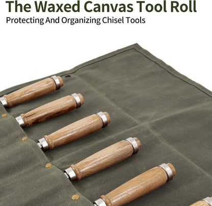 Chisel Roll,6 Pockets Roll Up Tool Pouch,Waxed Canvas Small Tool Roll Organizer and Wrench Roll Up Pouch,Store Chisel,Wrench,Pliers,Carving Knife (Army Green)