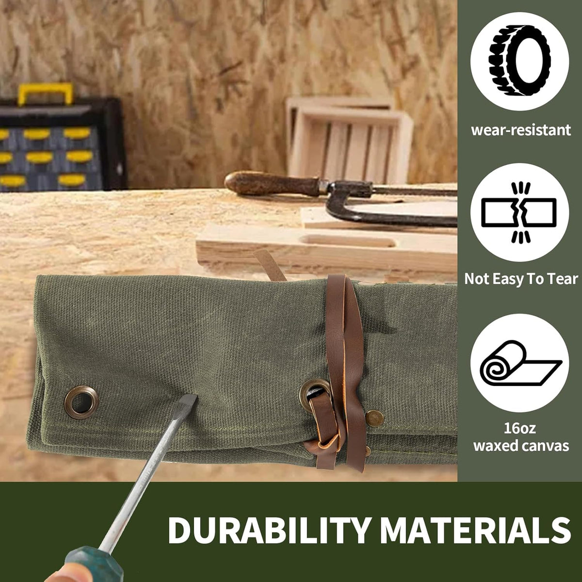 Chisel Roll,6 Pockets Roll Up Tool Pouch,Waxed Canvas Small Tool Roll Organizer and Wrench Roll Up Pouch,Store Chisel,Wrench,Pliers,Carving Knife (Army Green)