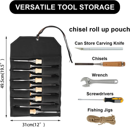 Chisel Roll,6 Pockets Roll Up Tool Pouch,Waxed Canvas Small Tool Roll Organizer and Wrench Roll Up Pouch,Store Chisel,Wrench,Pliers,Carving Knife (Army Green)