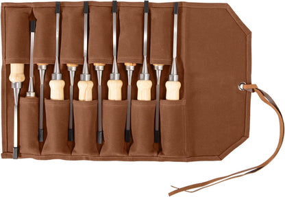 Chisel Roll,6 Pockets Roll Up Tool Pouch,Waxed Canvas Small Tool Roll Organizer and Wrench Roll Up Pouch,Store Chisel,Wrench,Pliers,Carving Knife (Army Green)
