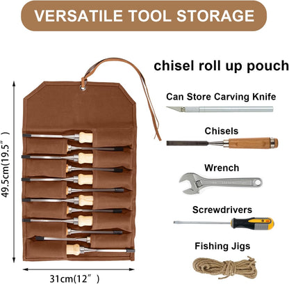 Chisel Roll,6 Pockets Roll Up Tool Pouch,Waxed Canvas Small Tool Roll Organizer and Wrench Roll Up Pouch,Store Chisel,Wrench,Pliers,Carving Knife (Army Green)
