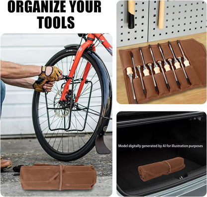 Chisel Roll,6 Pockets Roll Up Tool Pouch,Waxed Canvas Small Tool Roll Organizer and Wrench Roll Up Pouch,Store Chisel,Wrench,Pliers,Carving Knife (Army Green)