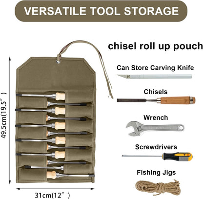 Chisel Roll,6 Pockets Roll Up Tool Pouch,Waxed Canvas Small Tool Roll Organizer and Wrench Roll Up Pouch,Store Chisel,Wrench,Pliers,Carving Knife (Army Green)