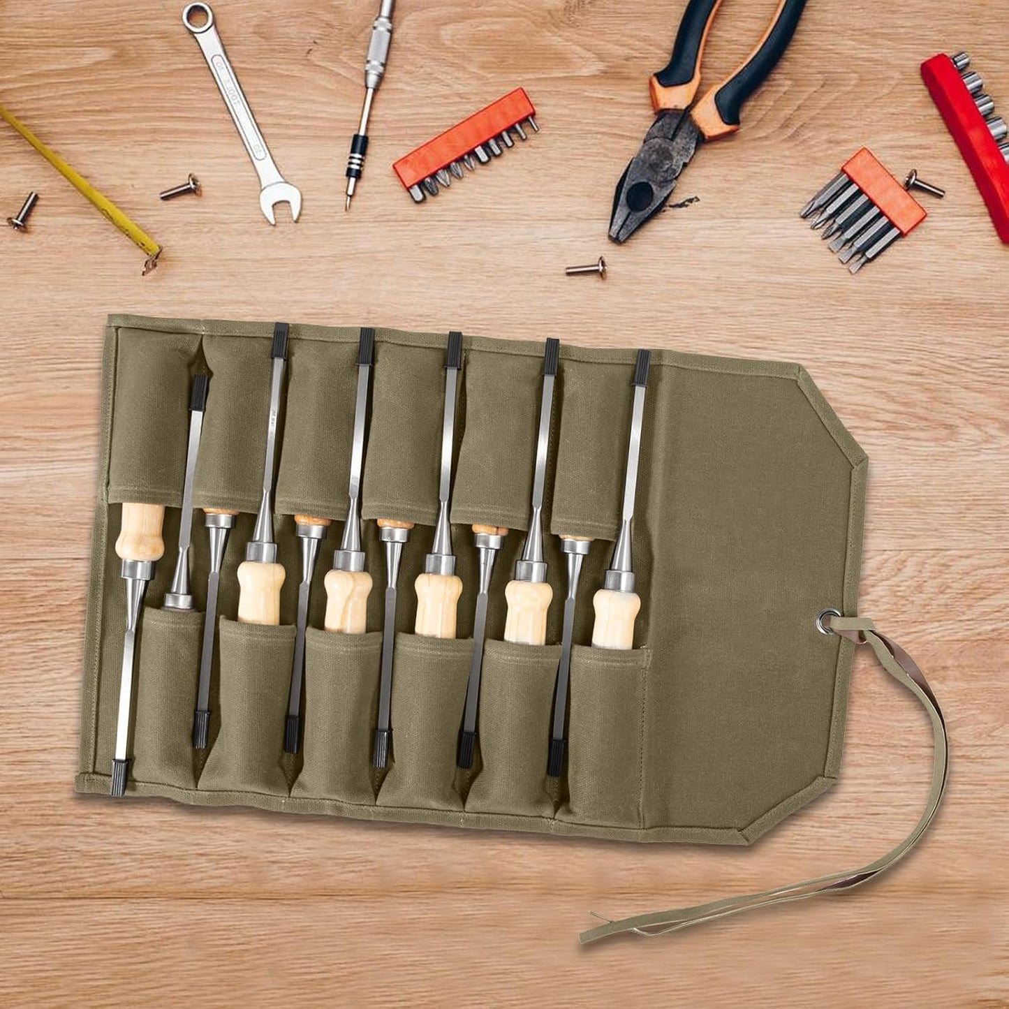Chisel Roll,6 Pockets Roll Up Tool Pouch,Waxed Canvas Small Tool Roll Organizer and Wrench Roll Up Pouch,Store Chisel,Wrench,Pliers,Carving Knife (Army Green)