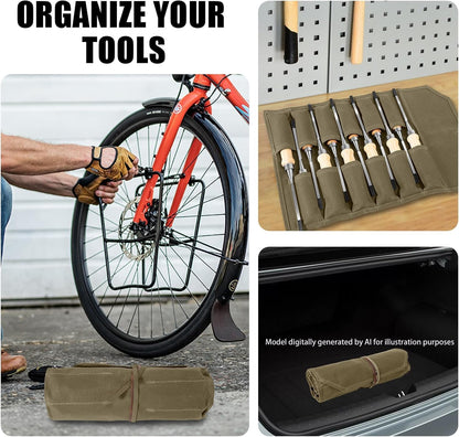 Chisel Roll,6 Pockets Roll Up Tool Pouch,Waxed Canvas Small Tool Roll Organizer and Wrench Roll Up Pouch,Store Chisel,Wrench,Pliers,Carving Knife (Army Green)