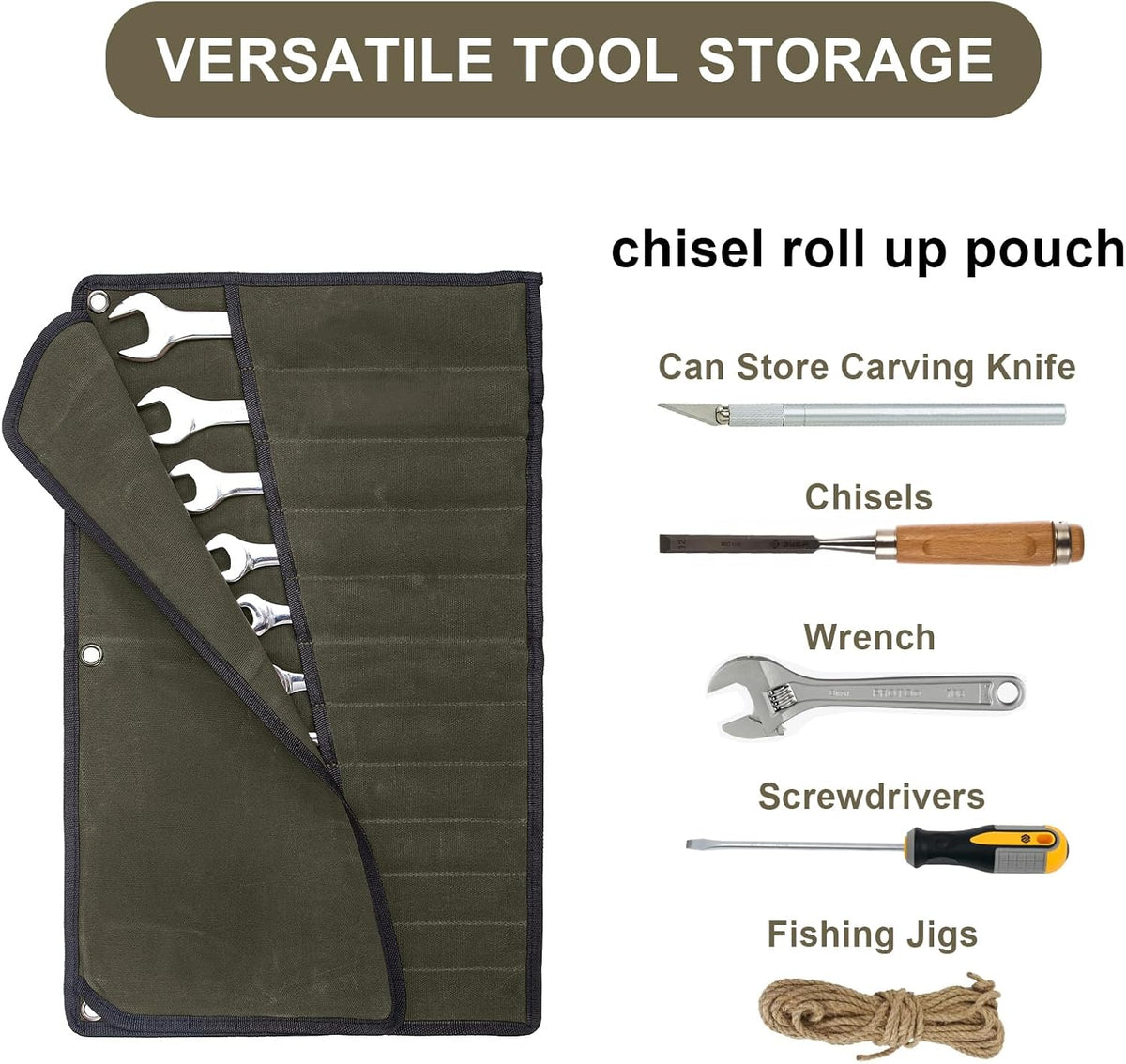 Chisel Roll,6 Pockets Roll Up Tool Pouch,Waxed Canvas Small Tool Roll Organizer and Wrench Roll Up Pouch,Store Chisel,Wrench,Pliers,Carving Knife (Army Green)