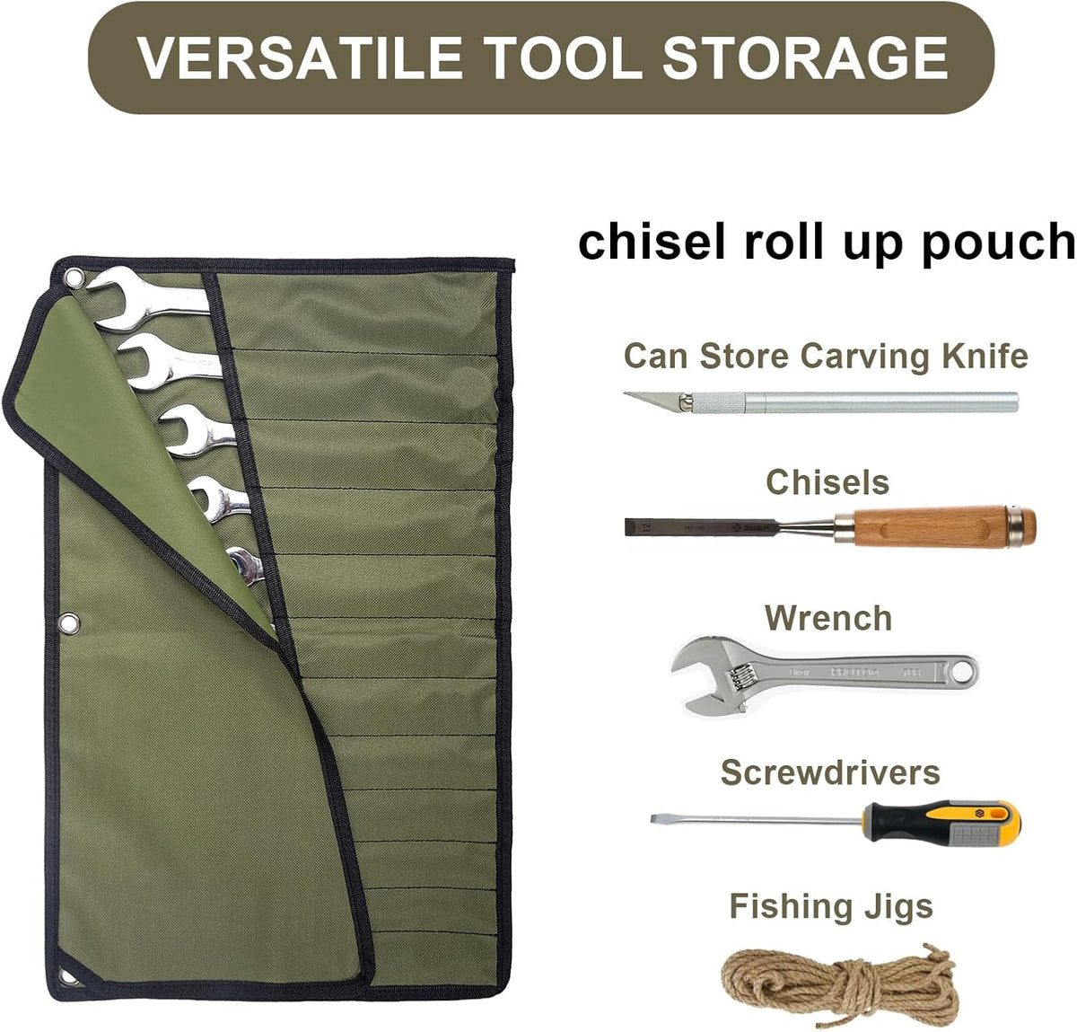 Chisel Roll,6 Pockets Roll Up Tool Pouch,Waxed Canvas Small Tool Roll Organizer and Wrench Roll Up Pouch,Store Chisel,Wrench,Pliers,Carving Knife (Army Green)
