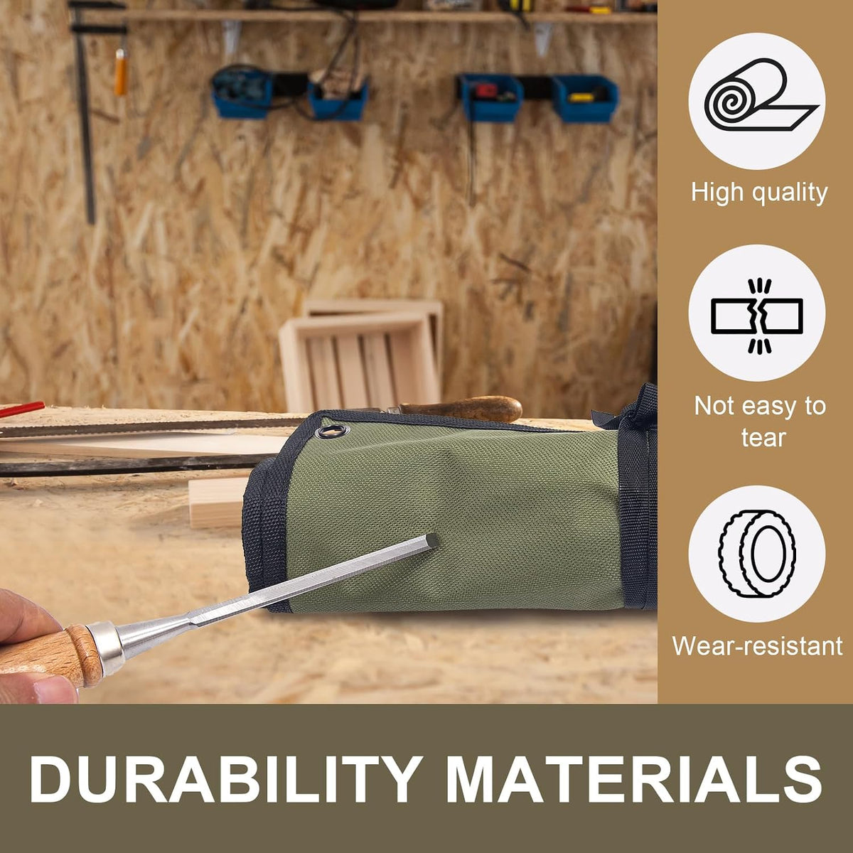 Chisel Roll,6 Pockets Roll Up Tool Pouch,Waxed Canvas Small Tool Roll Organizer and Wrench Roll Up Pouch,Store Chisel,Wrench,Pliers,Carving Knife (Army Green)