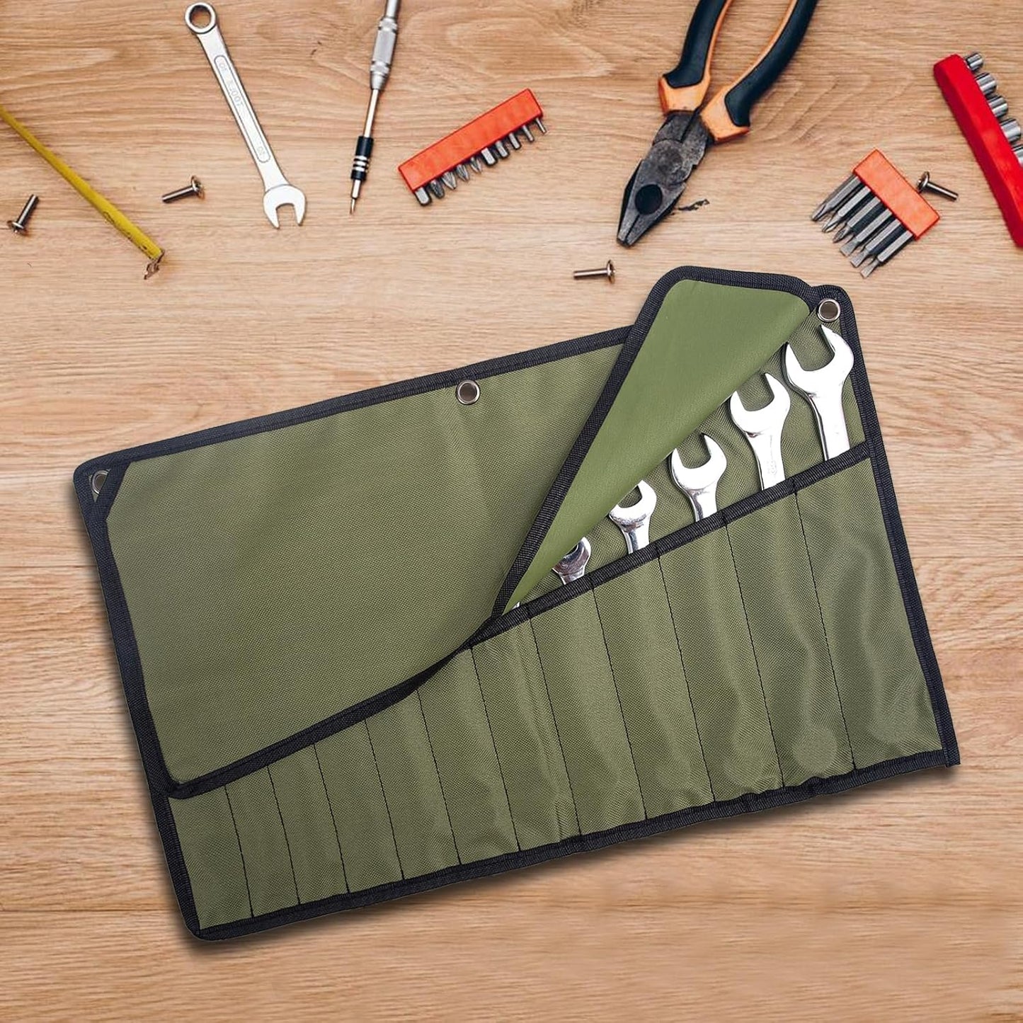 Chisel Roll,6 Pockets Roll Up Tool Pouch,Waxed Canvas Small Tool Roll Organizer and Wrench Roll Up Pouch,Store Chisel,Wrench,Pliers,Carving Knife (Army Green)