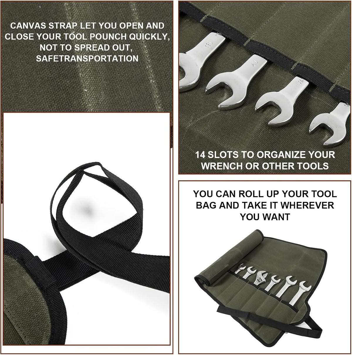 Chisel Roll,6 Pockets Roll Up Tool Pouch,Waxed Canvas Small Tool Roll Organizer and Wrench Roll Up Pouch,Store Chisel,Wrench,Pliers,Carving Knife (Army Green)