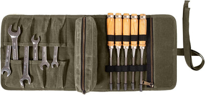 Chisel Roll,6 Pockets Roll Up Tool Pouch,Waxed Canvas Small Tool Roll Organizer and Wrench Roll Up Pouch,Store Chisel,Wrench,Pliers,Carving Knife (Army Green)