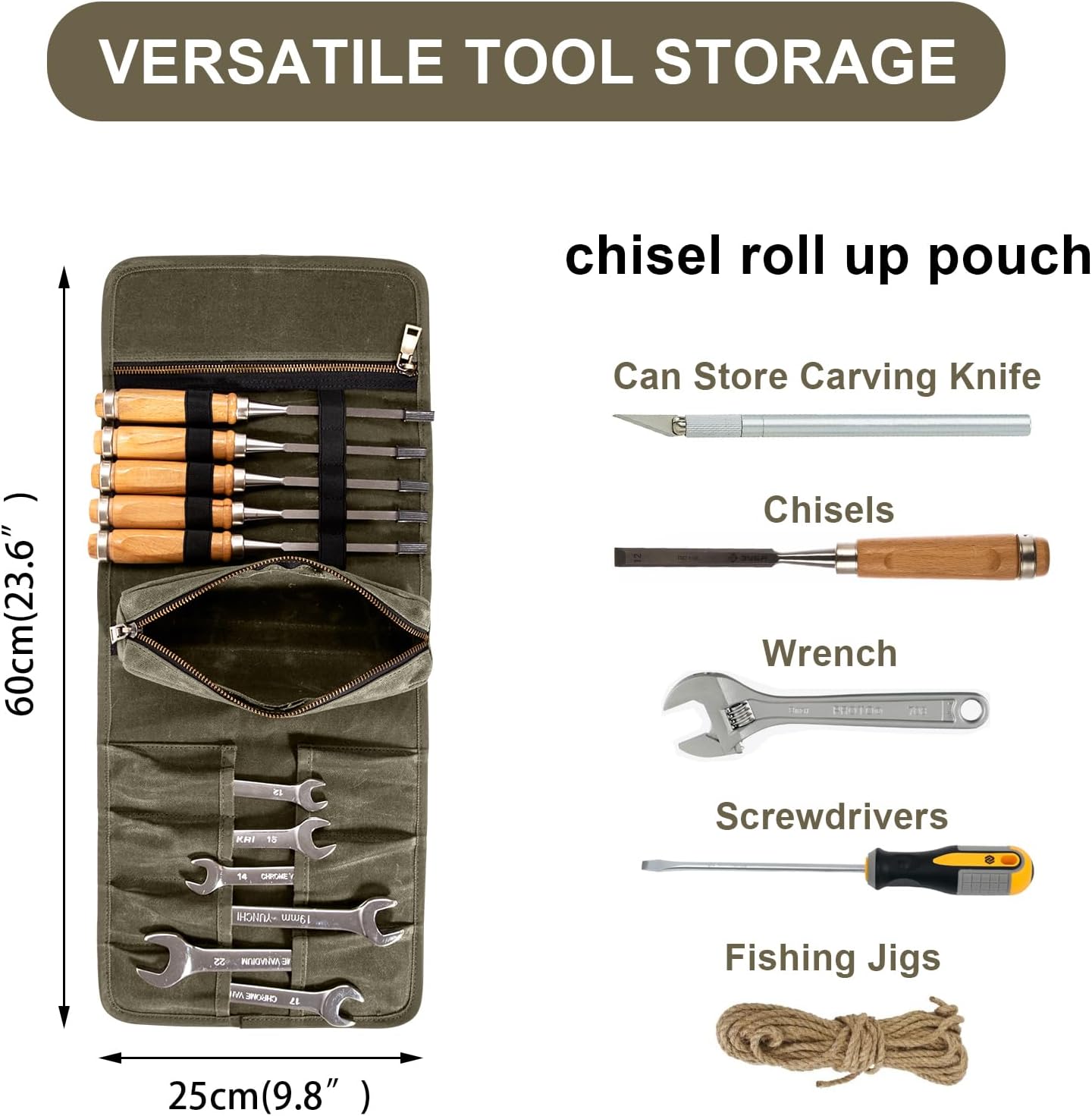 Chisel Roll,6 Pockets Roll Up Tool Pouch,Waxed Canvas Small Tool Roll Organizer and Wrench Roll Up Pouch,Store Chisel,Wrench,Pliers,Carving Knife (Army Green)