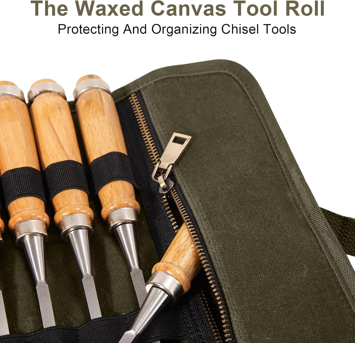 Chisel Roll,6 Pockets Roll Up Tool Pouch,Waxed Canvas Small Tool Roll Organizer and Wrench Roll Up Pouch,Store Chisel,Wrench,Pliers,Carving Knife (Army Green)