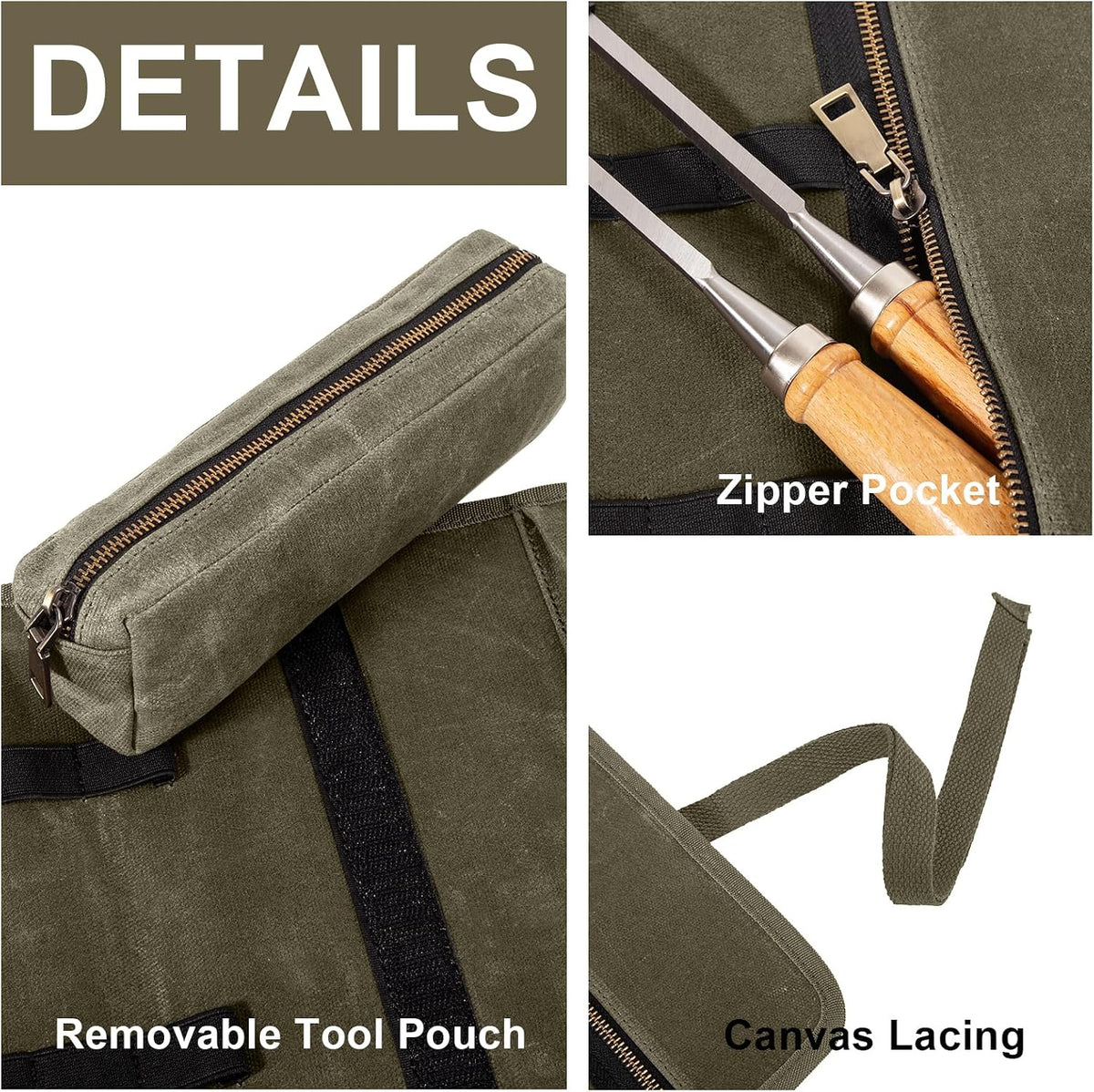 Chisel Roll,6 Pockets Roll Up Tool Pouch,Waxed Canvas Small Tool Roll Organizer and Wrench Roll Up Pouch,Store Chisel,Wrench,Pliers,Carving Knife (Army Green)