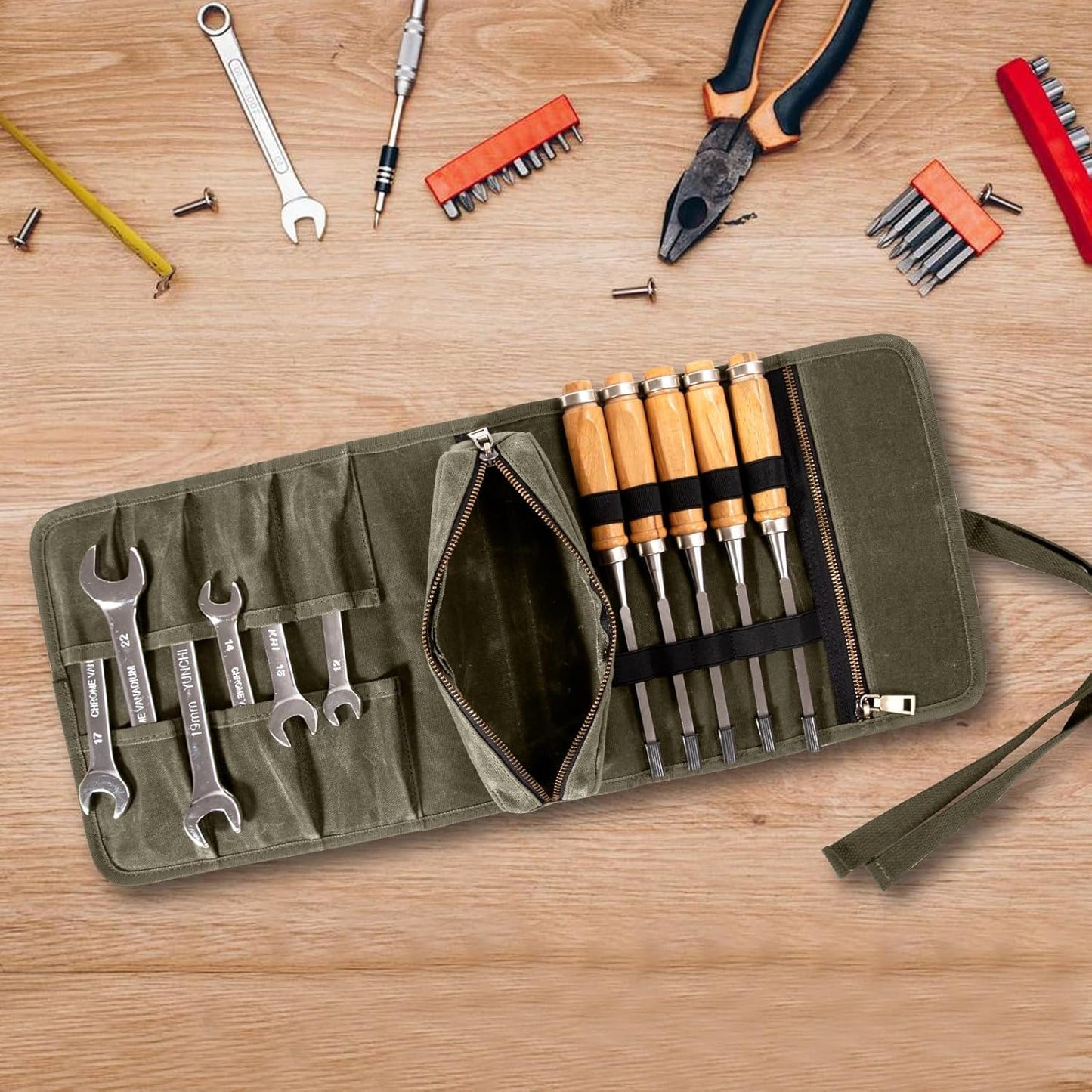 Chisel Roll,6 Pockets Roll Up Tool Pouch,Waxed Canvas Small Tool Roll Organizer and Wrench Roll Up Pouch,Store Chisel,Wrench,Pliers,Carving Knife (Army Green)