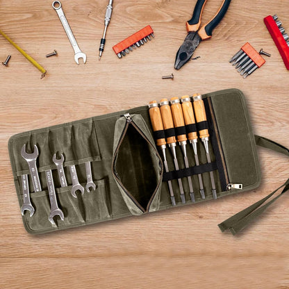 Chisel Roll,6 Pockets Roll Up Tool Pouch,Waxed Canvas Small Tool Roll Organizer and Wrench Roll Up Pouch,Store Chisel,Wrench,Pliers,Carving Knife (Army Green)