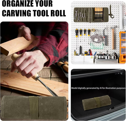Chisel Roll,6 Pockets Roll Up Tool Pouch,Waxed Canvas Small Tool Roll Organizer and Wrench Roll Up Pouch,Store Chisel,Wrench,Pliers,Carving Knife (Army Green)