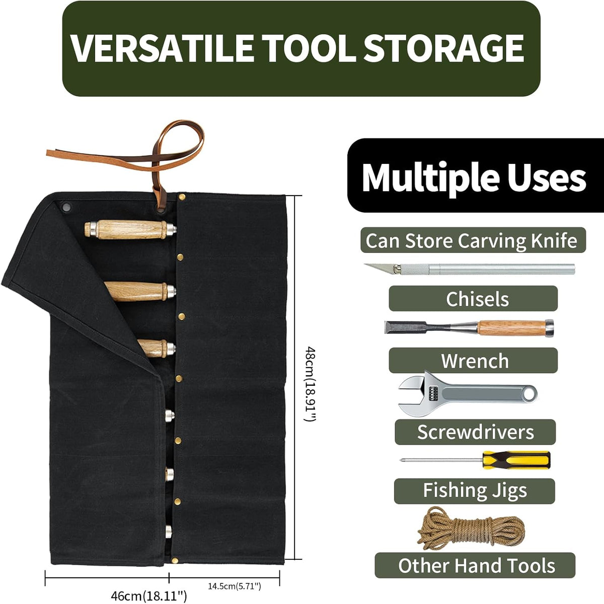 Chisel Roll,6 Pockets Roll Up Tool Pouch,Waxed Canvas Small Tool Roll Organizer and Wrench Roll Up Pouch,Store Chisel,Wrench,Pliers,Carving Knife (Army Green)