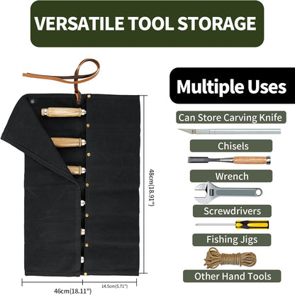 Chisel Roll,6 Pockets Roll Up Tool Pouch,Waxed Canvas Small Tool Roll Organizer and Wrench Roll Up Pouch,Store Chisel,Wrench,Pliers,Carving Knife (Army Green)