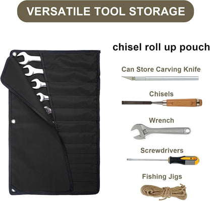 Chisel Roll,6 Pockets Roll Up Tool Pouch,Waxed Canvas Small Tool Roll Organizer and Wrench Roll Up Pouch,Store Chisel,Wrench,Pliers,Carving Knife (Army Green)