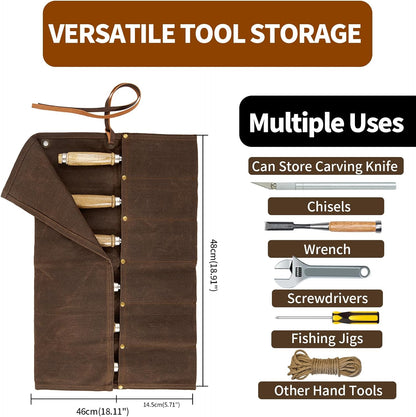 Chisel Roll,6 Pockets Roll Up Tool Pouch,Waxed Canvas Small Tool Roll Organizer and Wrench Roll Up Pouch,Store Chisel,Wrench,Pliers,Carving Knife (Army Green)