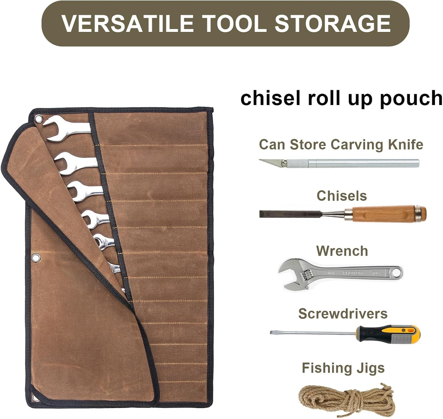 Chisel Roll,6 Pockets Roll Up Tool Pouch,Waxed Canvas Small Tool Roll Organizer and Wrench Roll Up Pouch,Store Chisel,Wrench,Pliers,Carving Knife (Army Green)