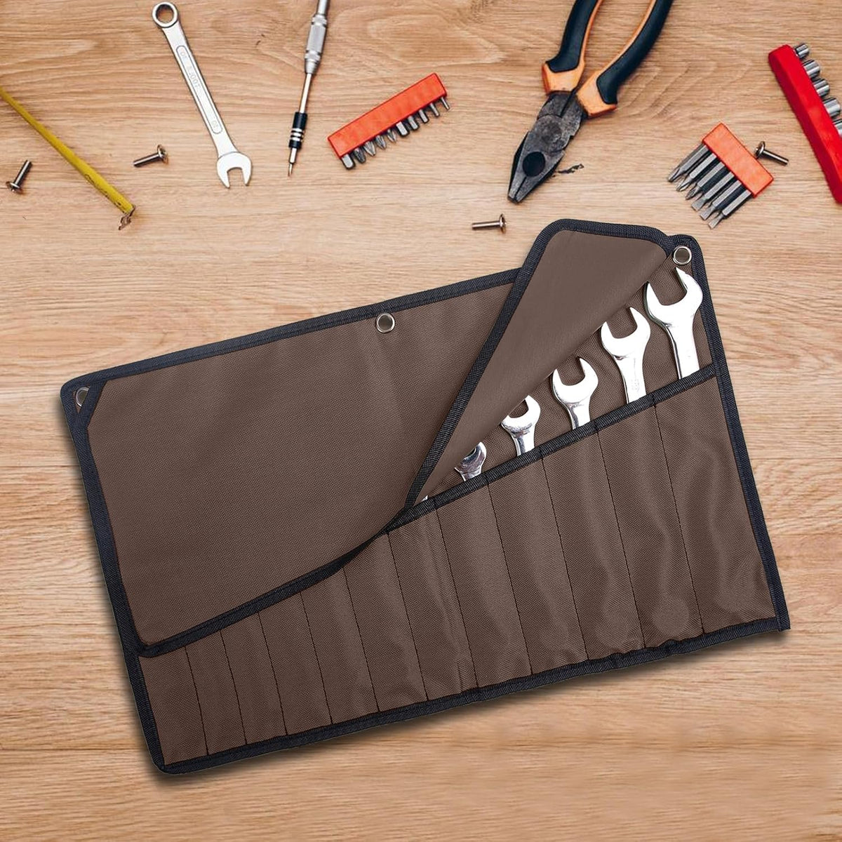 Chisel Roll,6 Pockets Roll Up Tool Pouch,Waxed Canvas Small Tool Roll Organizer and Wrench Roll Up Pouch,Store Chisel,Wrench,Pliers,Carving Knife (Army Green)