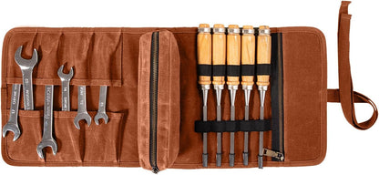 Chisel Roll,6 Pockets Roll Up Tool Pouch,Waxed Canvas Small Tool Roll Organizer and Wrench Roll Up Pouch,Store Chisel,Wrench,Pliers,Carving Knife (Army Green)